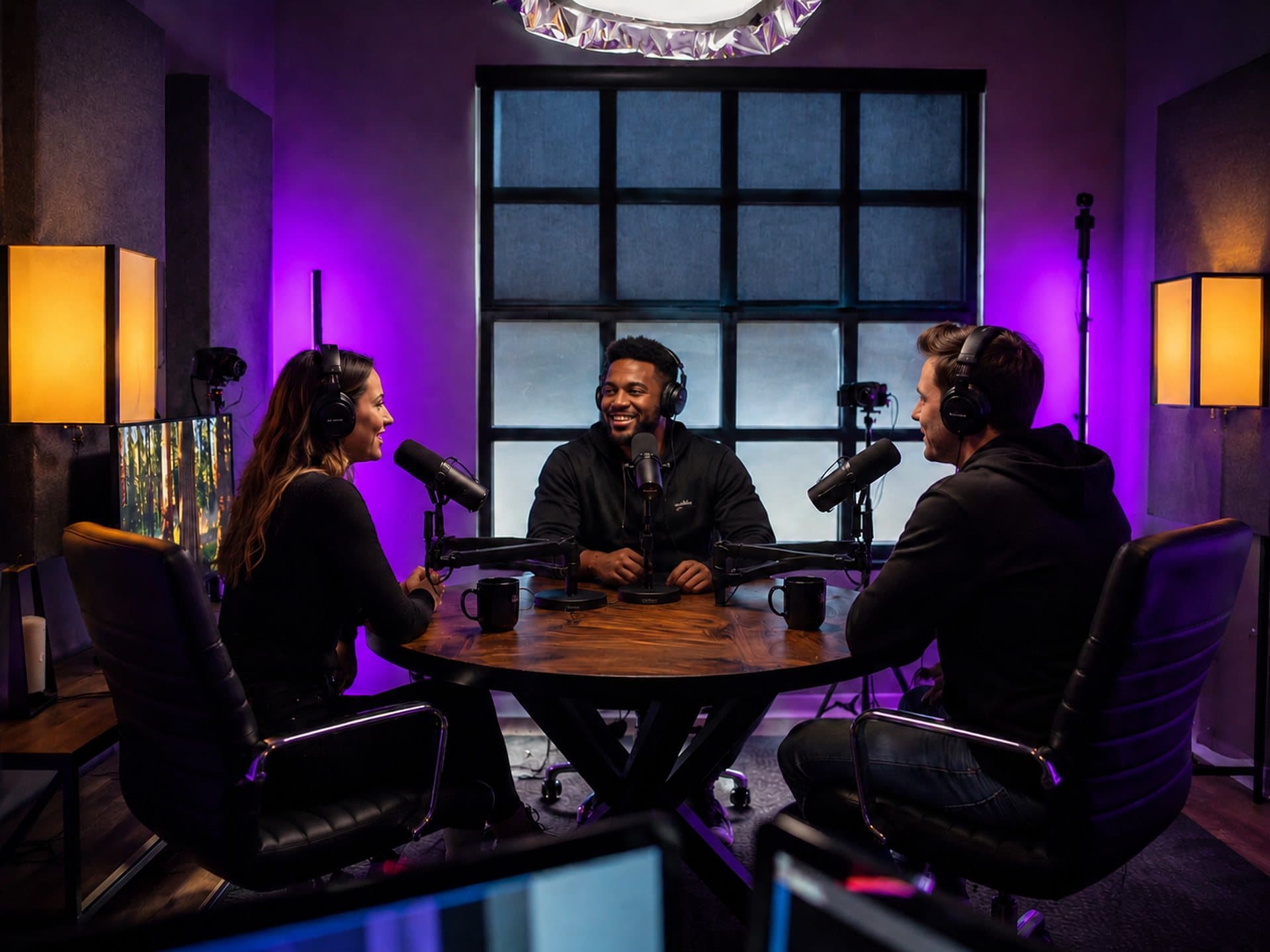 Three hosts in conversation around the table at FormCast Studio