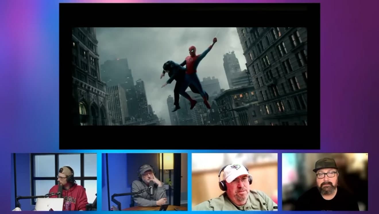What a remote guest sees on FormCast: the live program feed with shared media playing big and every other guest on camera